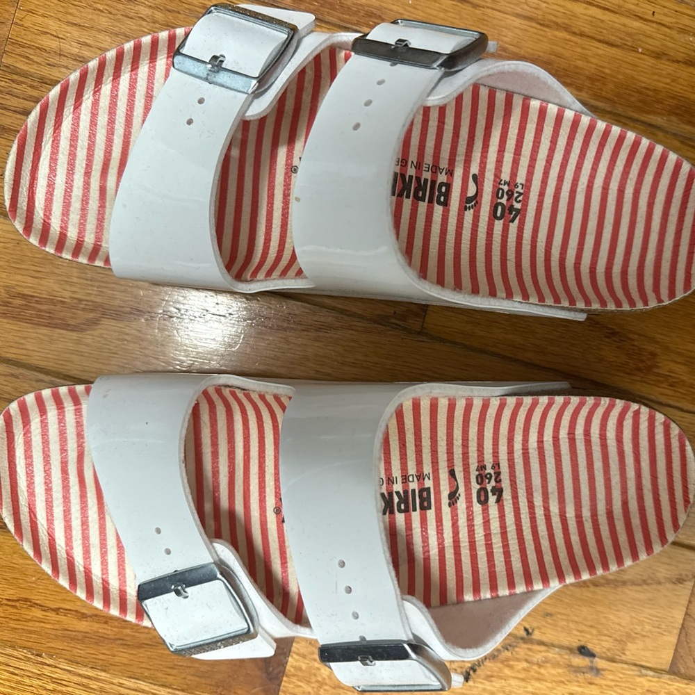 Birkenstock White Sandals with Red Striped Footbed